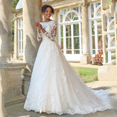 Vestidos de novia civiles para 2024, mangas largas, espalda descubierta, escote redondo, corte A, apliques de encaje